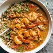 Spicy Gumbo in a bowl with rice.