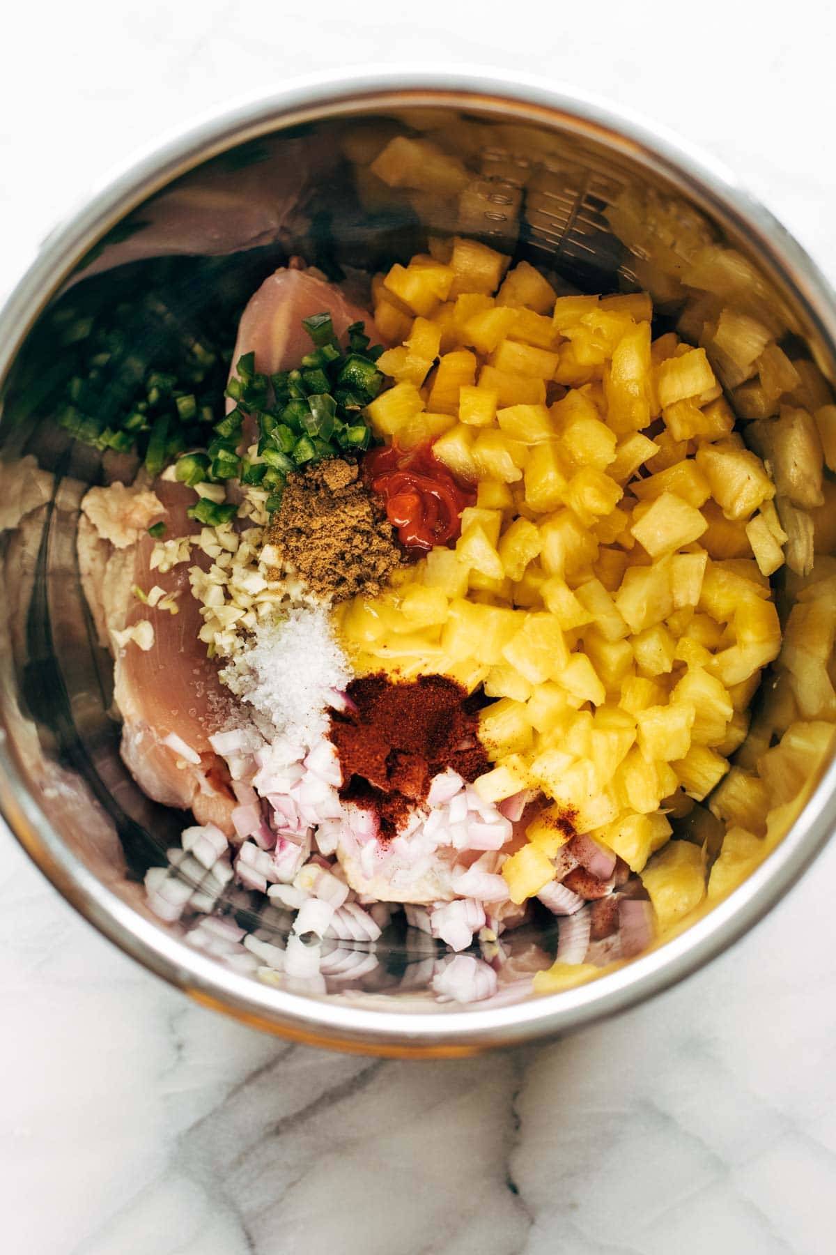 Ingredients for Hawaiian Chicken Tacos in the Instant Pot before cooking.