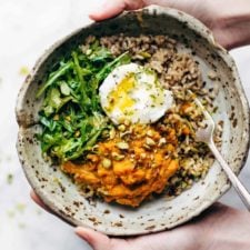 Healing Bowls with Turmeric Sweet Potatoes, Poached Eggs, and Lemon Dressing-image