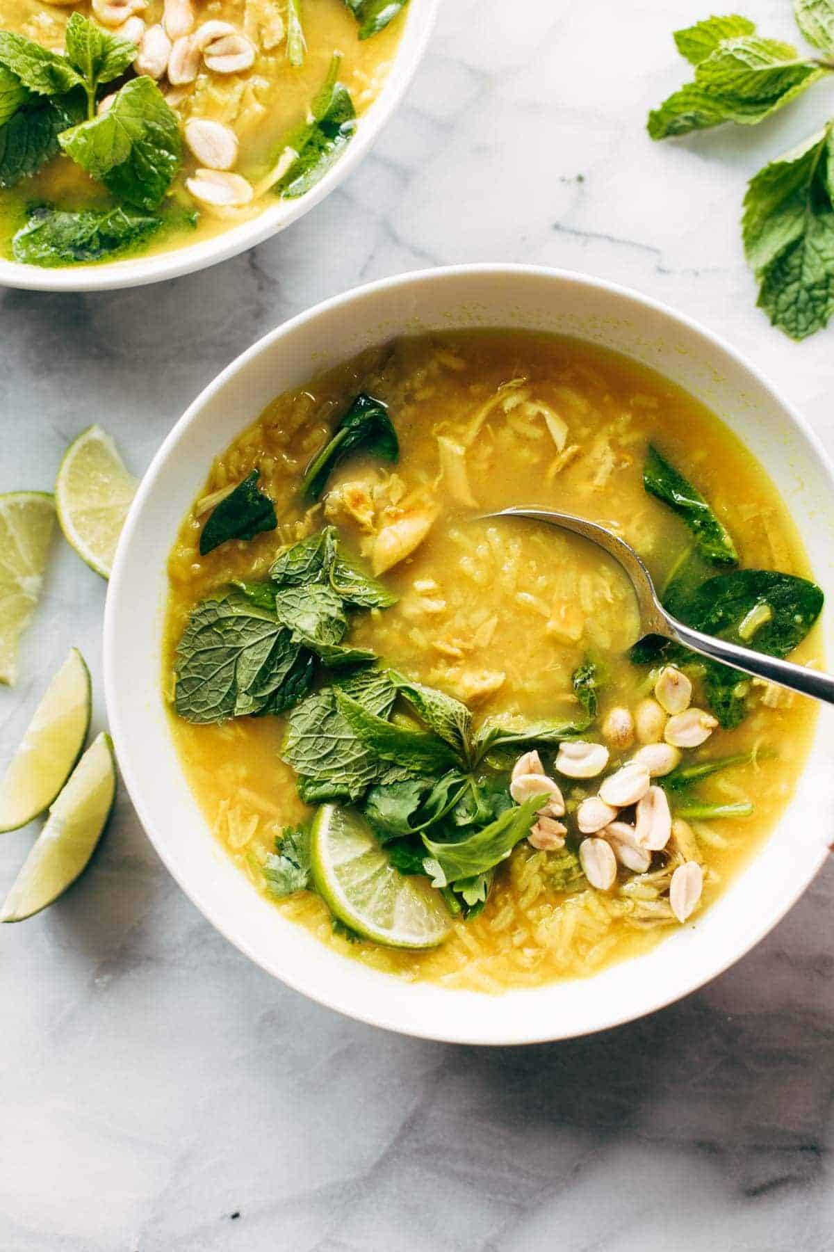 Healing chicken and rice soup in a bowl.