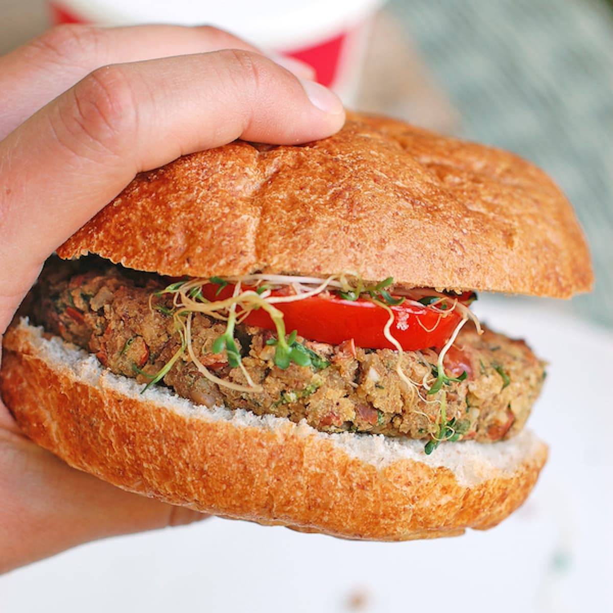 Bean burger with pinto beans, almonds, and sunflower seeds.