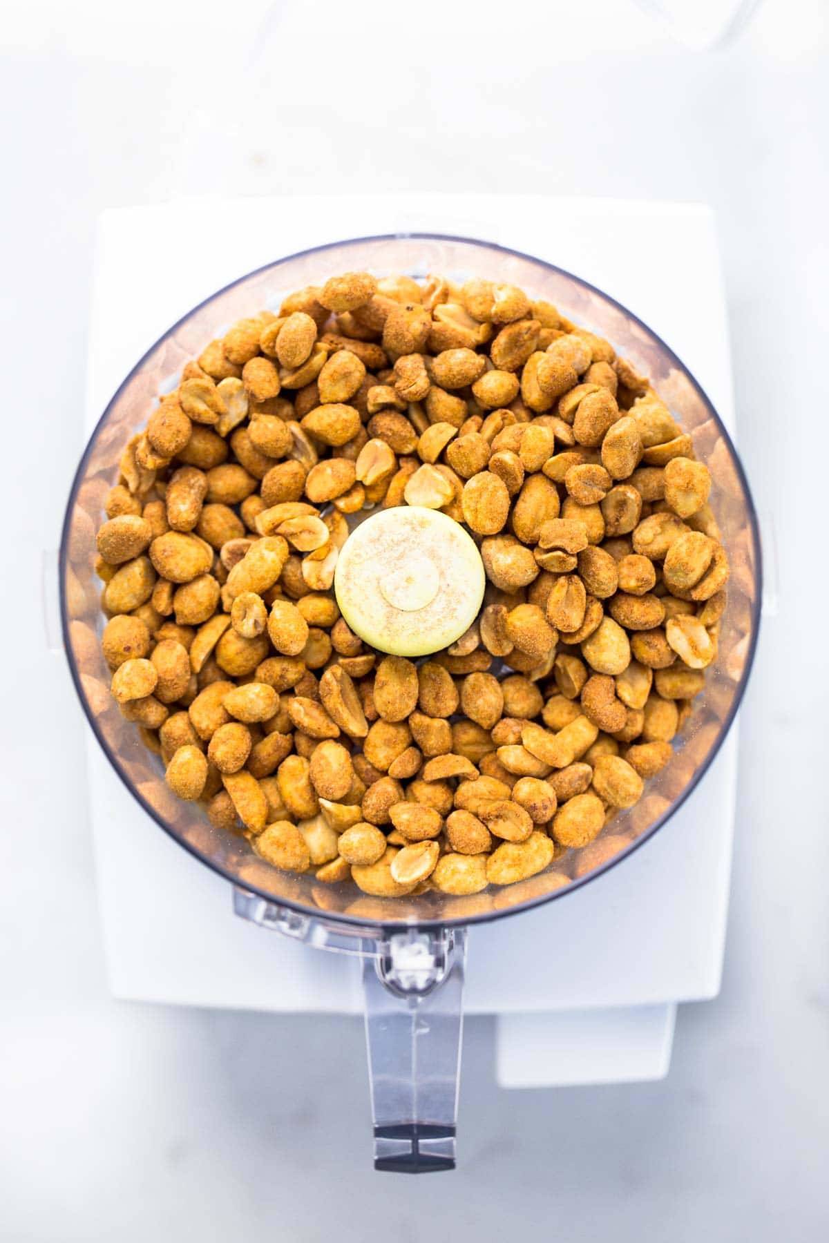 Dry roasted peanuts in a food processor.