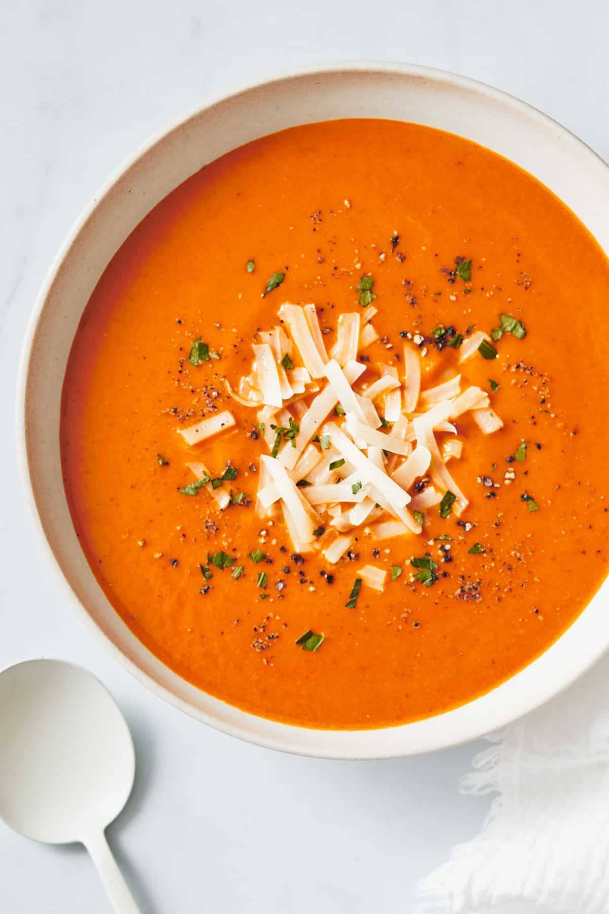 Homemade tomato soup in a bowl with croutons.