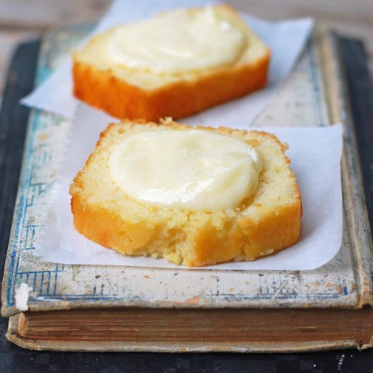 Honey butter spread on a homemade lemon loaf. 