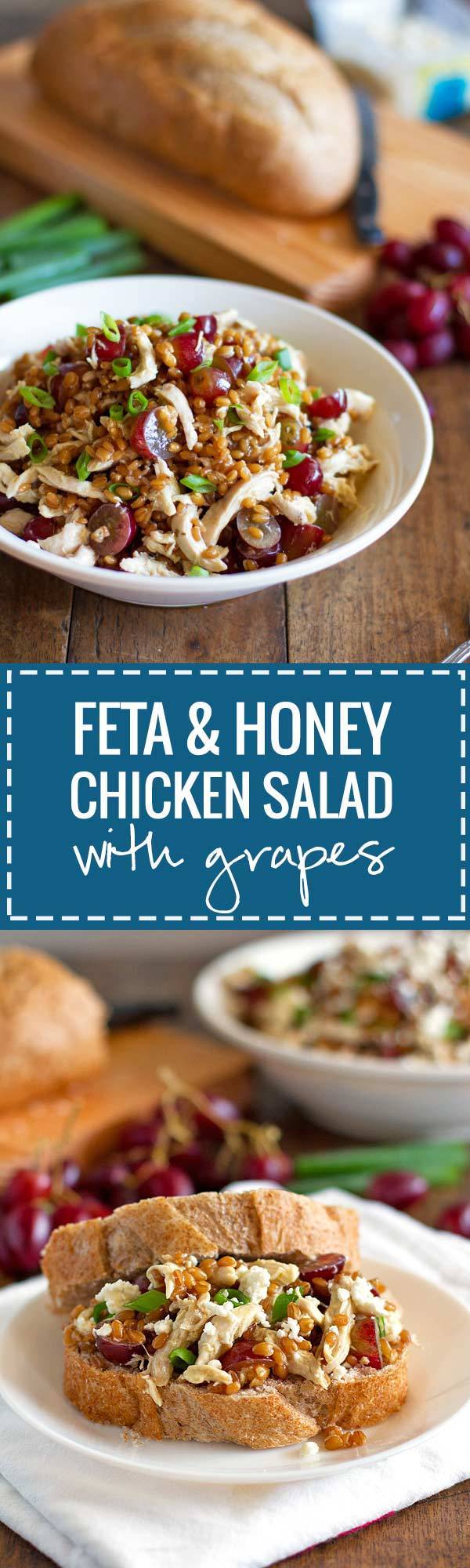This honey chicken salad with grapes and feta is fresh and simple. Includes chicken, feta, red grapes, wheat berries, and honey lemon chicken.