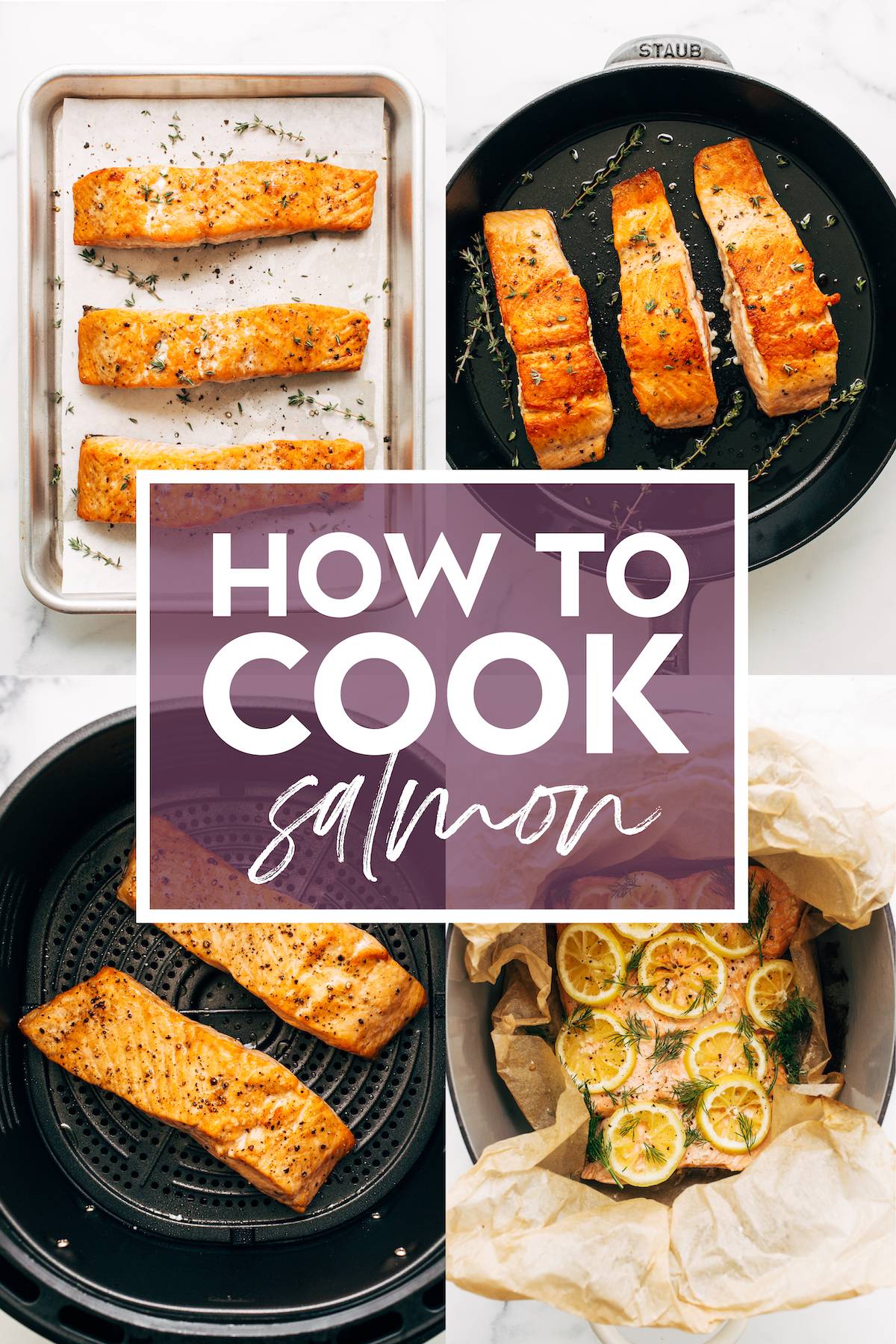 Collage of four methods for how to cook salmon.