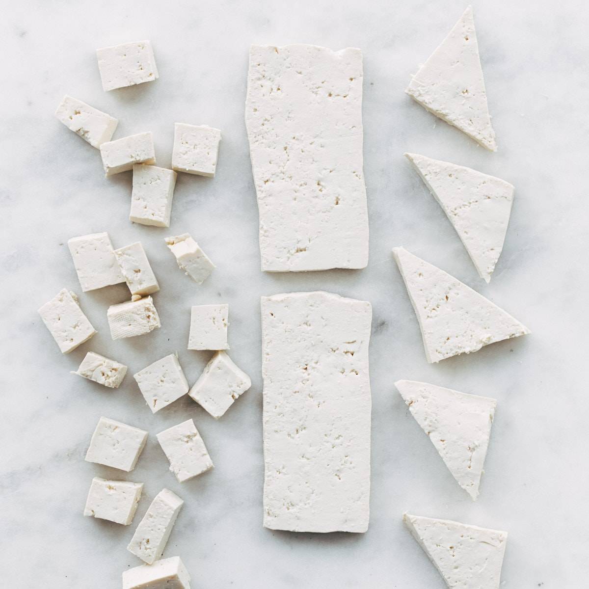 Tofu cut into shapes.