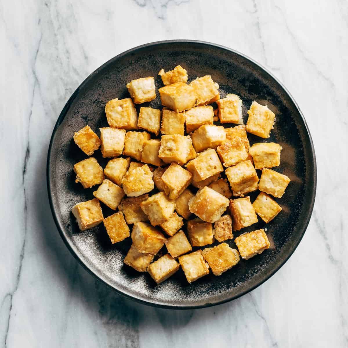 Crispy tofu in a bowl.