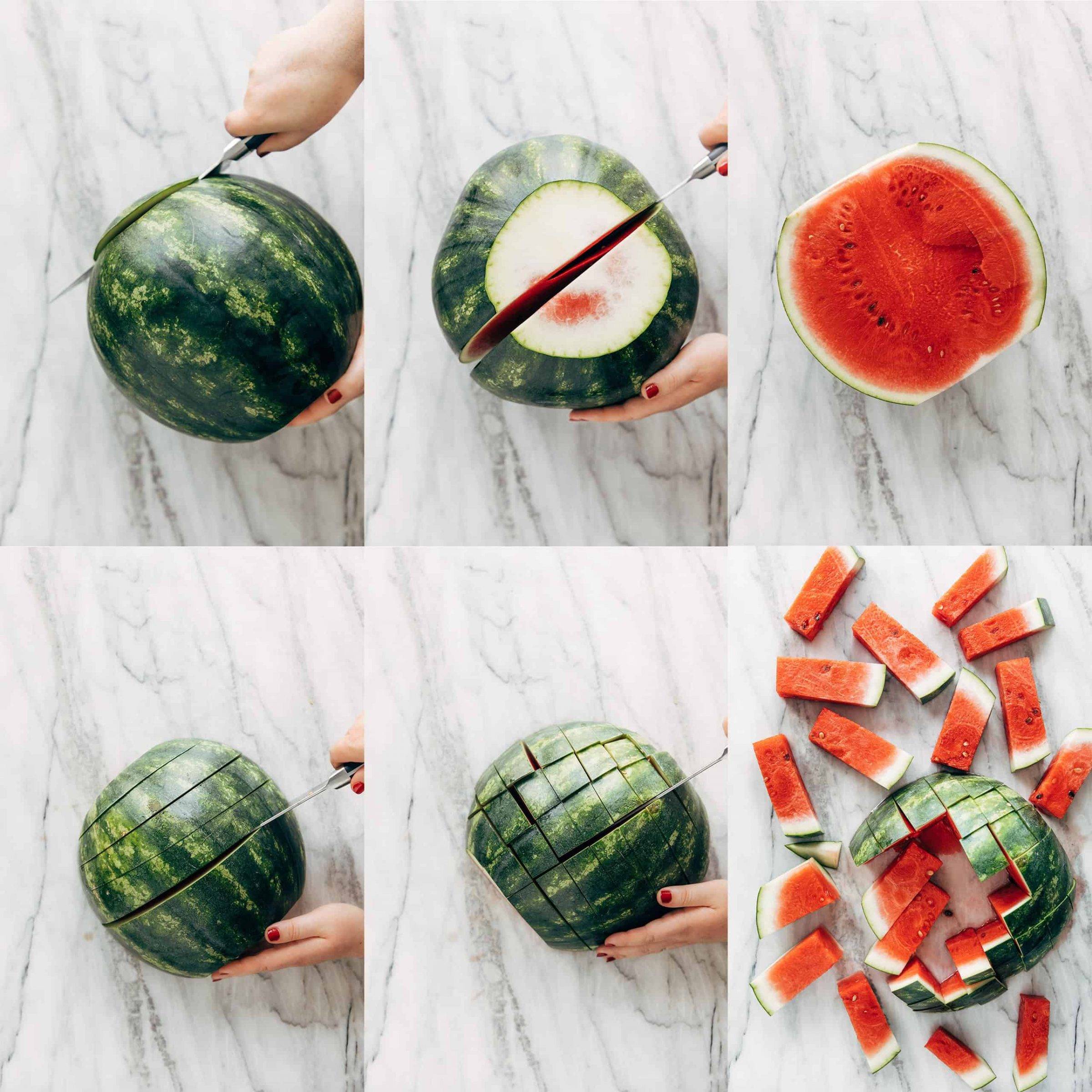 Collage showing how to cut a watermelon into sticks. 