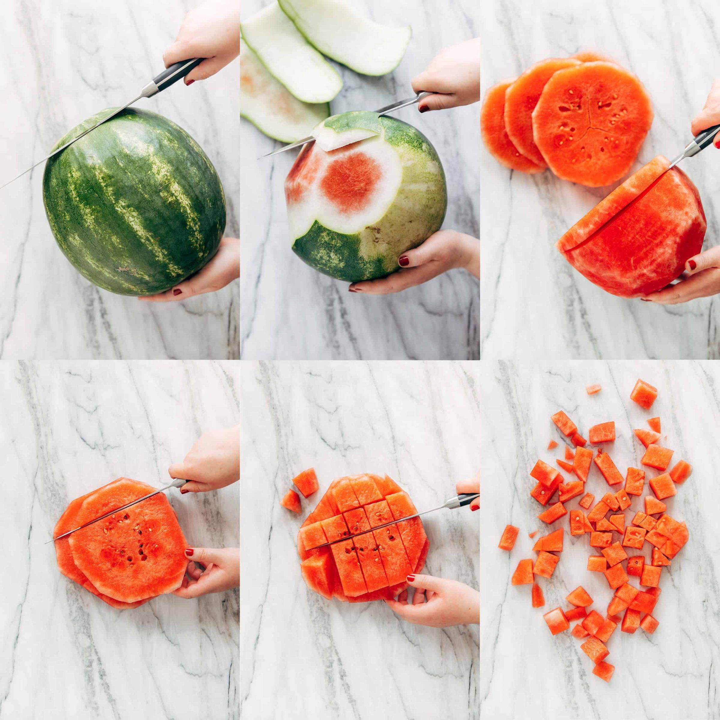 Collage showing how to cut a watermelon into cubes. 