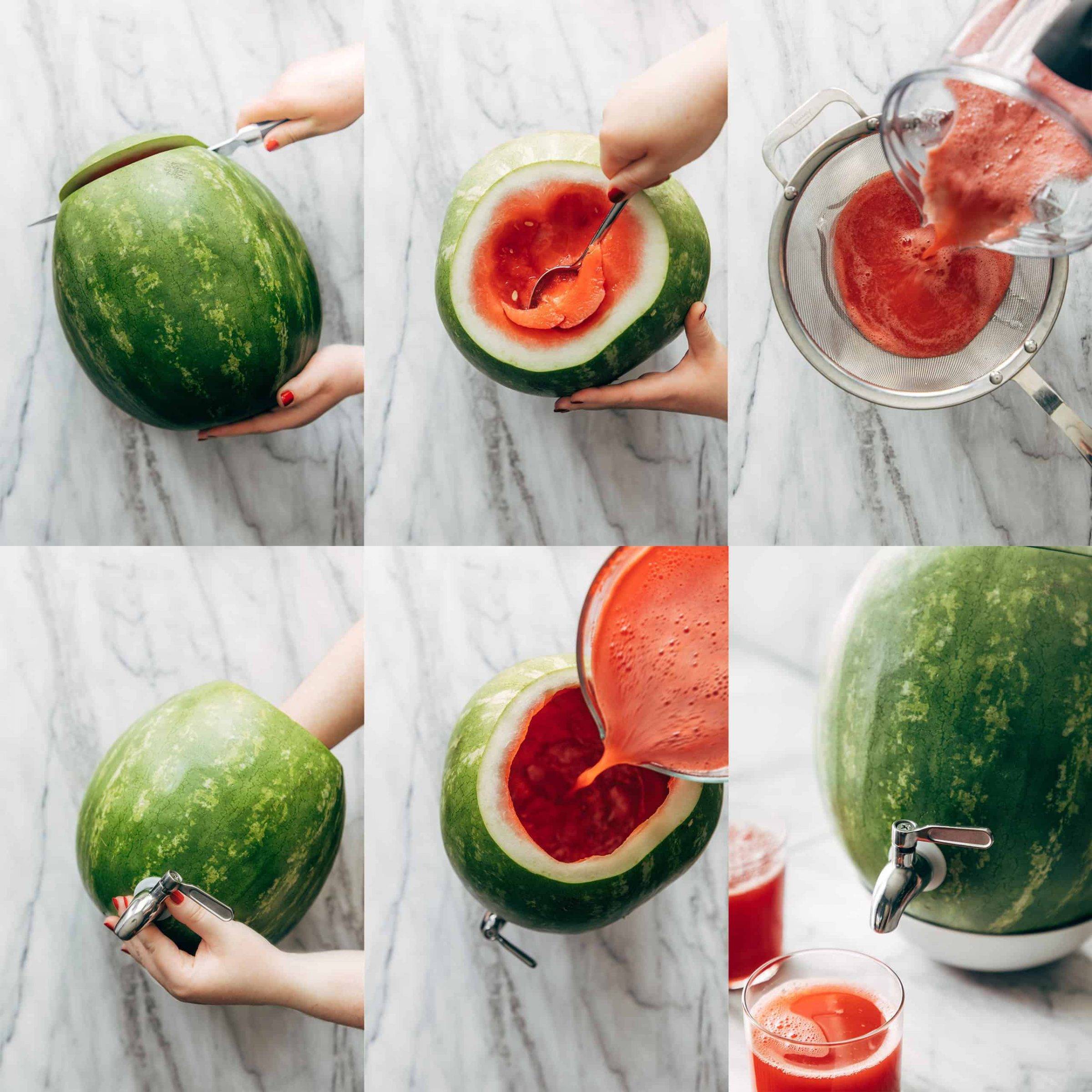 Collage showing how to cut a watermelon to make watermelon juice with a spigot. 