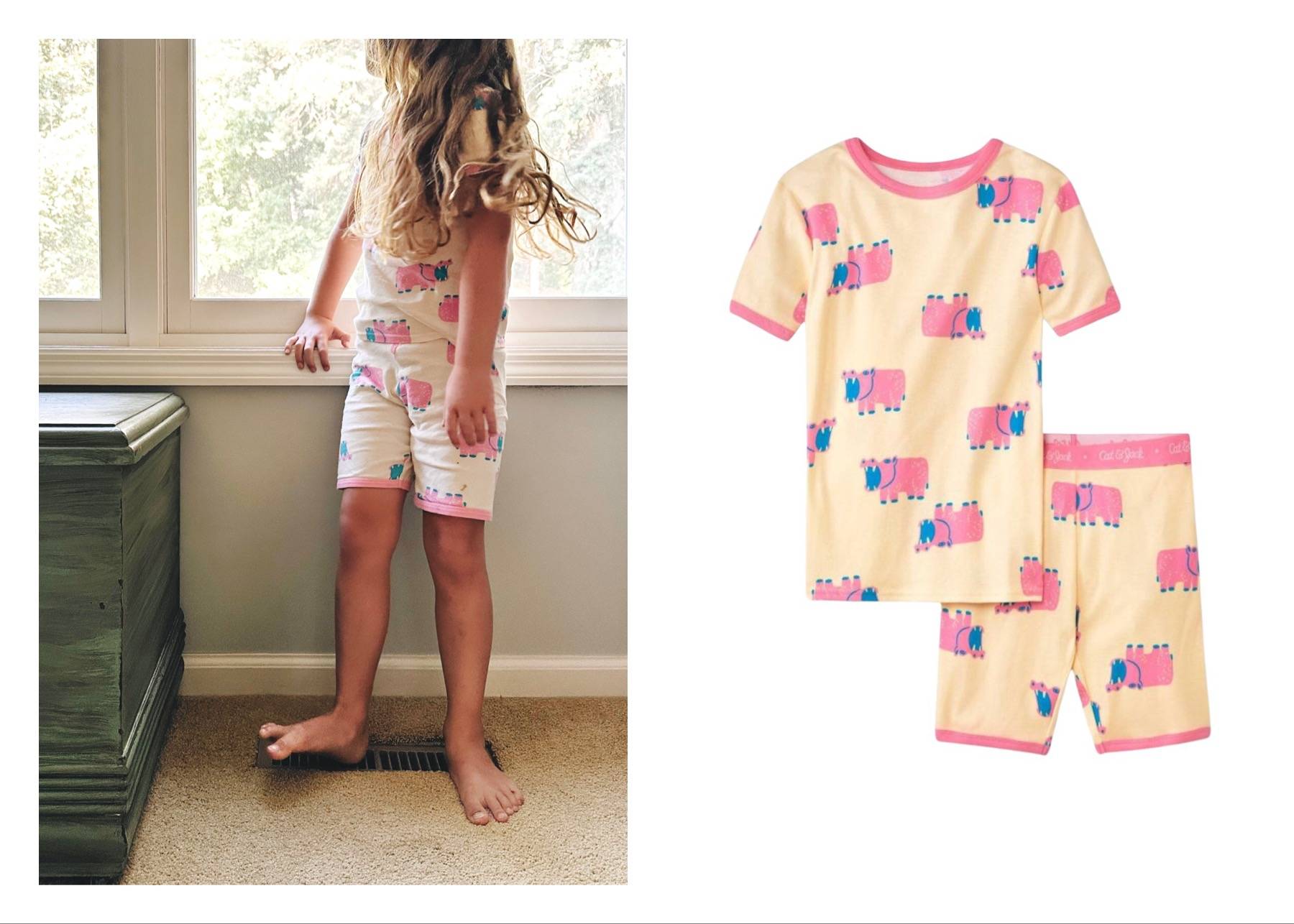 Girl wearing hippo pajamas next to a stock photo of hippo pajamas.