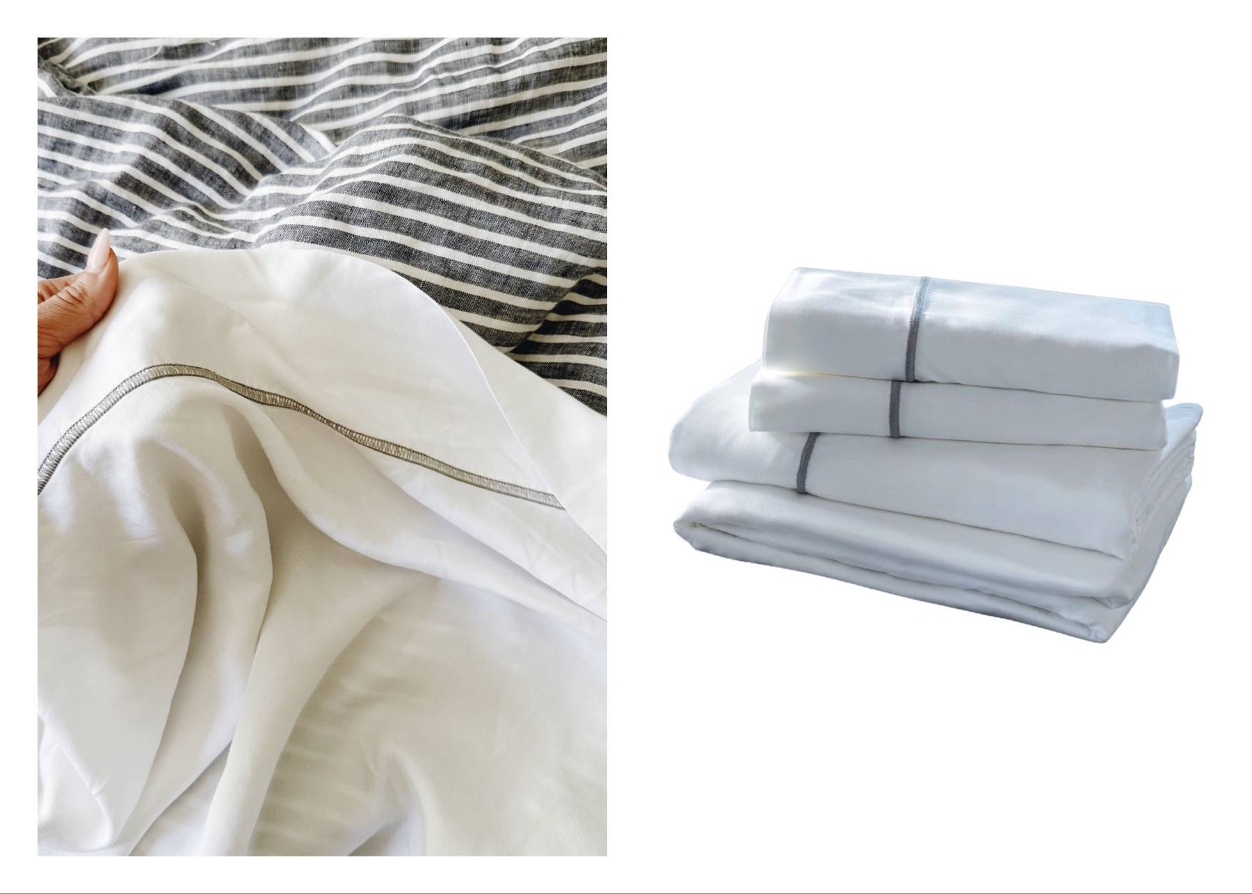 White handing touching white sheets next to a stock photo of white sheets.