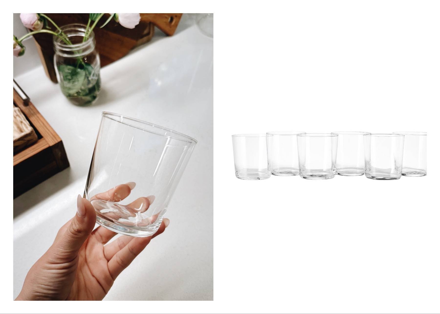 White hand holding a clear drinking glass next to a stock photo of a set of drinking glasses