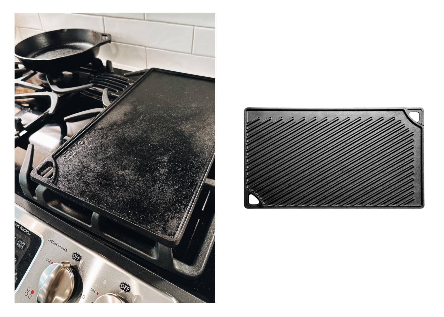 Cast iron griddle resting on a gas stovetop next to a stock photo of a cast iron griddle.