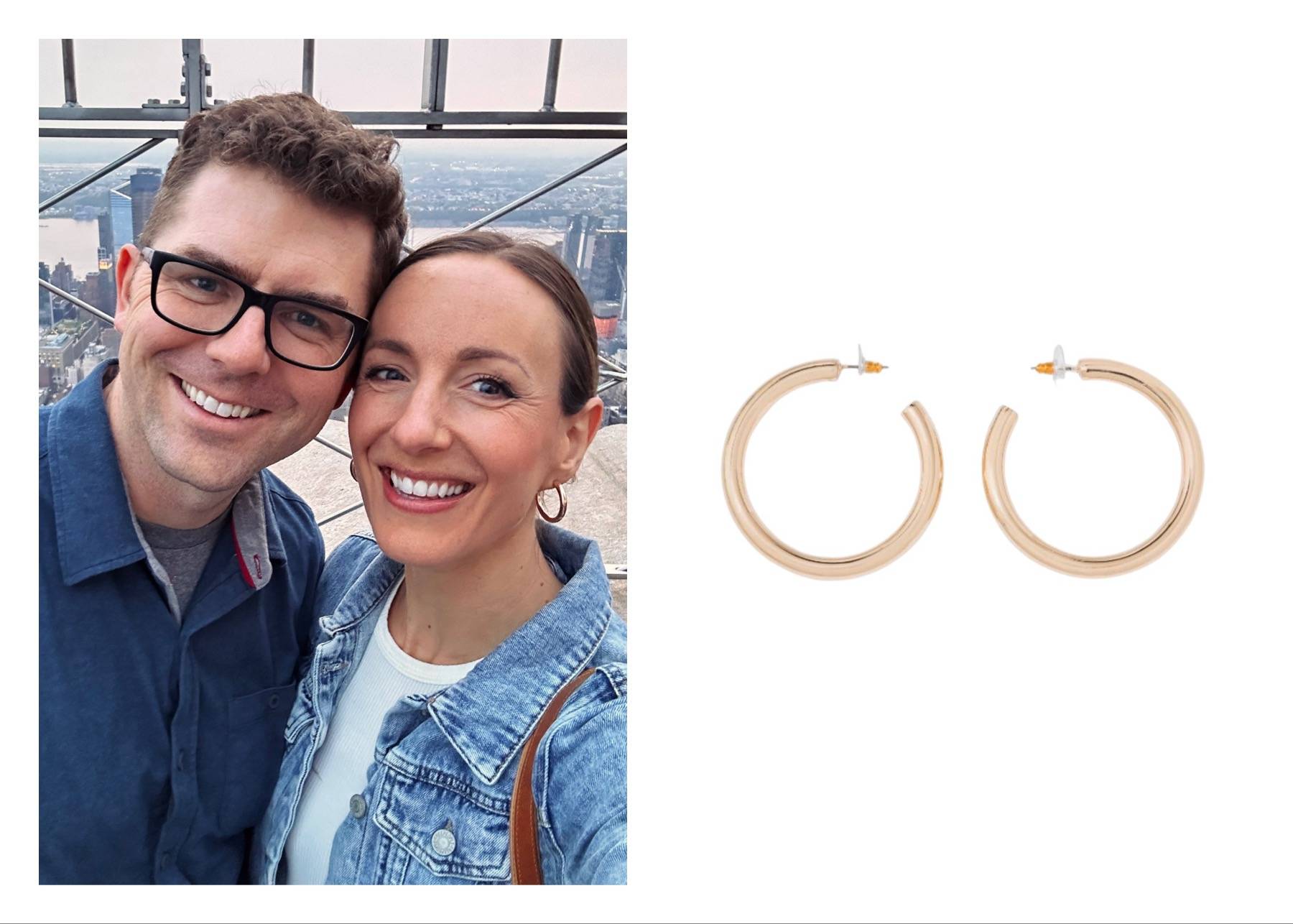Man and woman taking a selfie in New York next to a stock photo of gold hoop earrings.