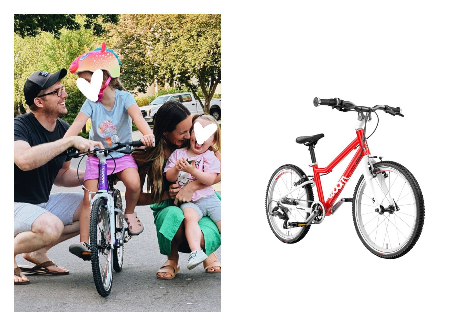Family getting ready to go on a bike ride next to a stock photo of a red bike.