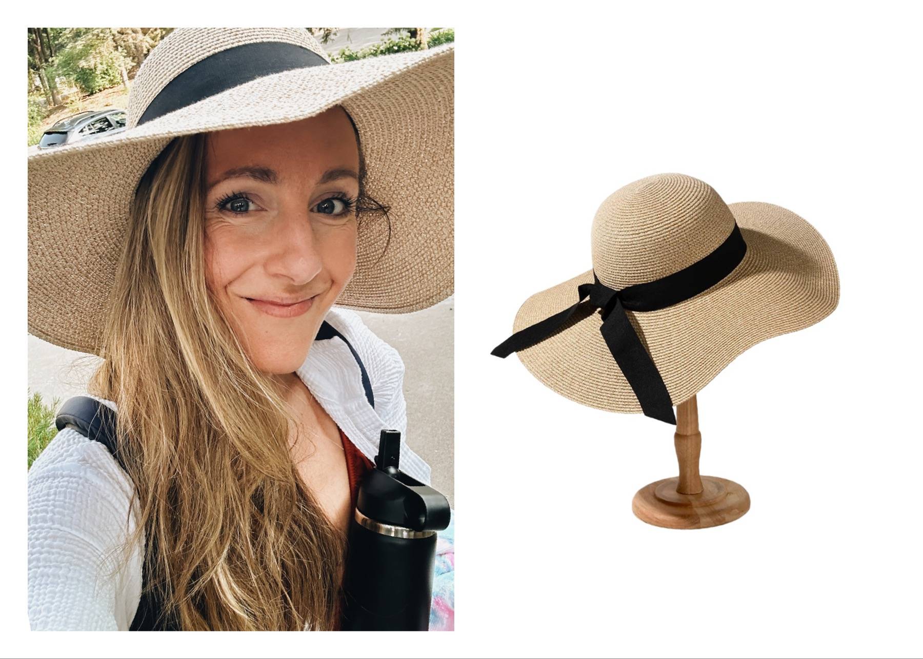 Woman wearing a sun hat taking a selfie next to a stock photo of a sun hat.