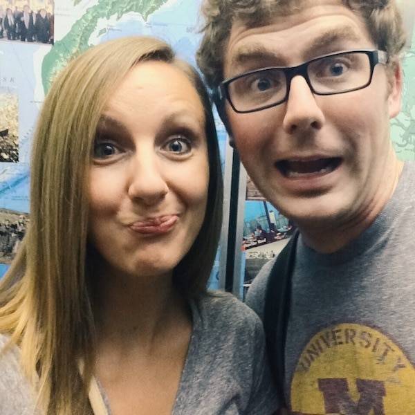 Two people making silly faces.