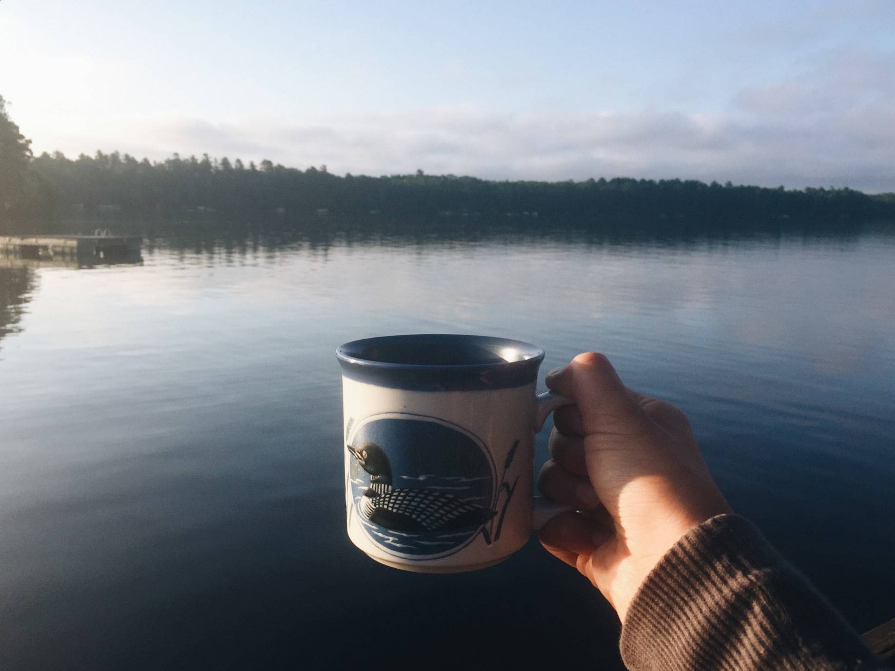Hand holding a mug on a lake.