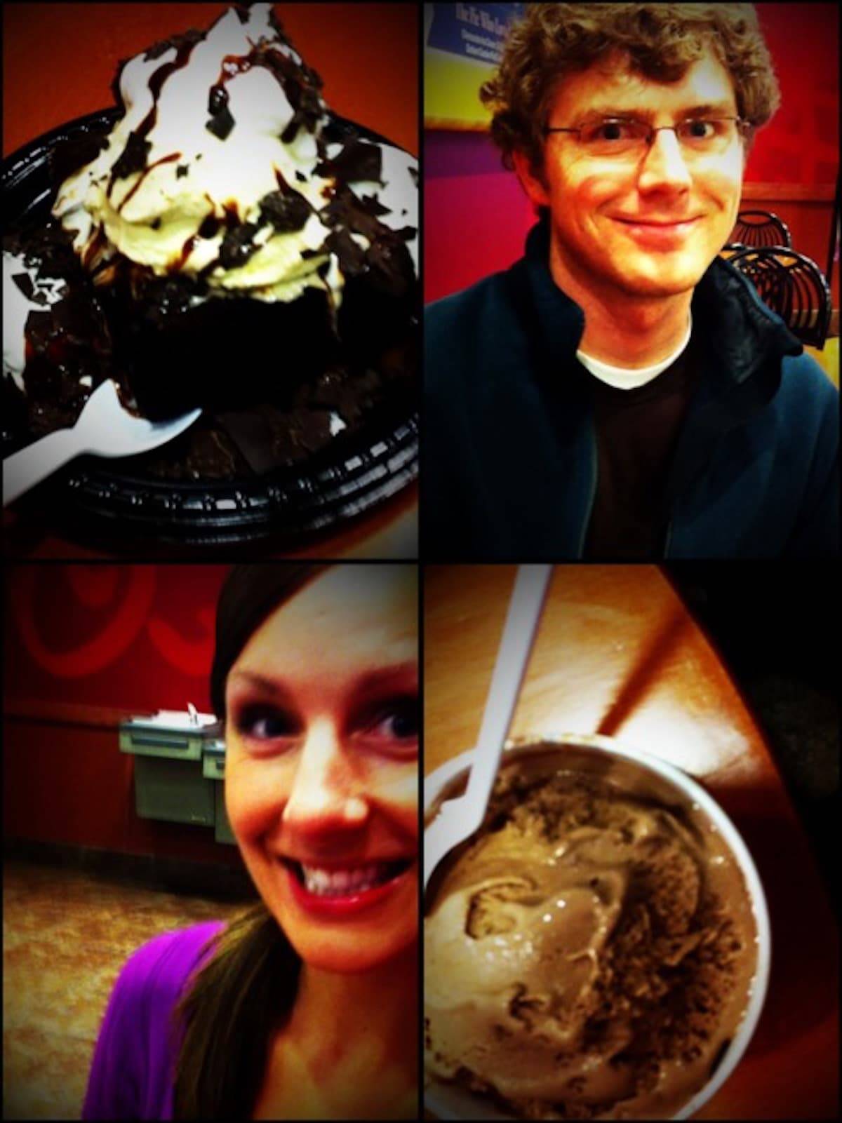 Collage of four images containing ice cream bowls and a man and woman.