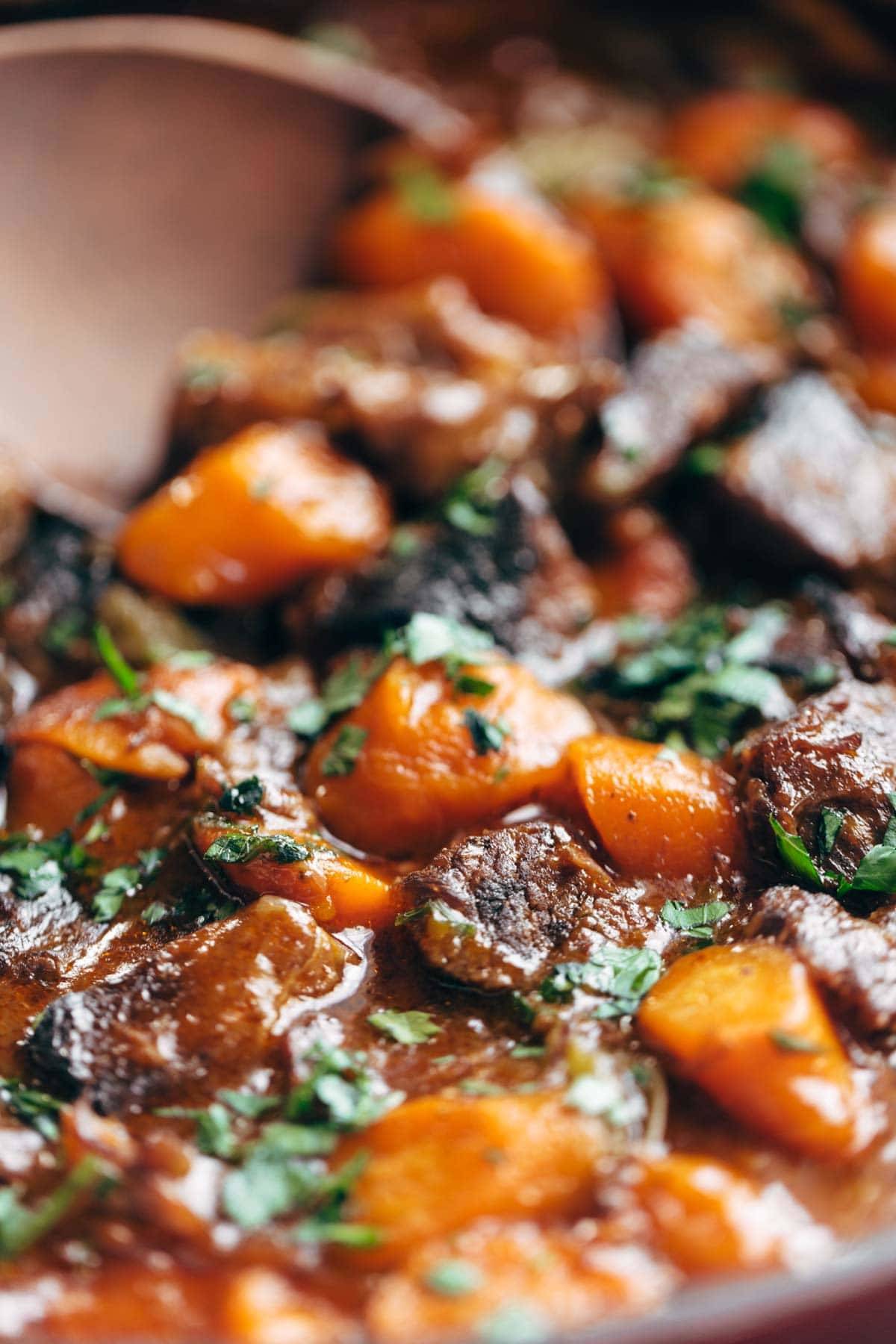 Close-up shot of finished beef stew.