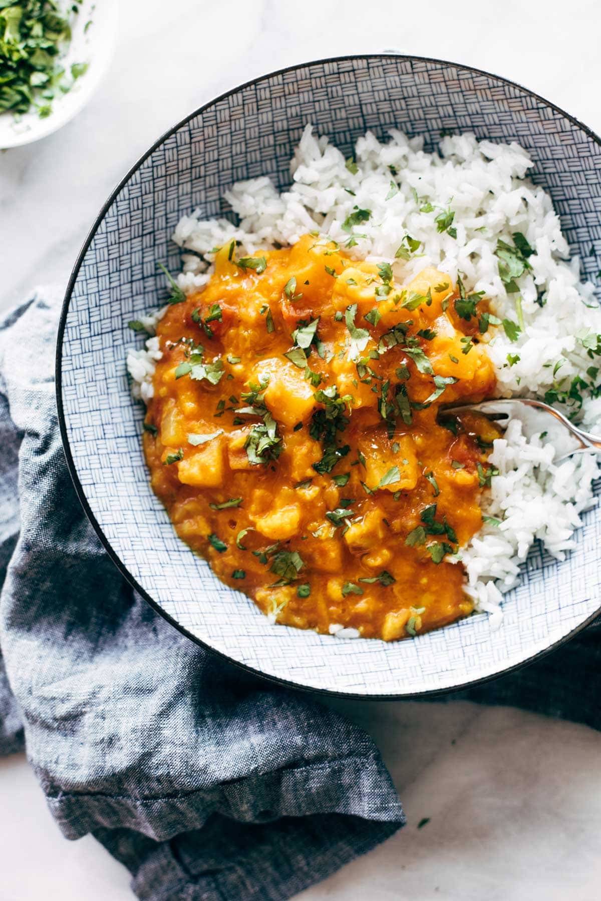 Instant Pot Cauliflower Curry in a bowl with rice.
