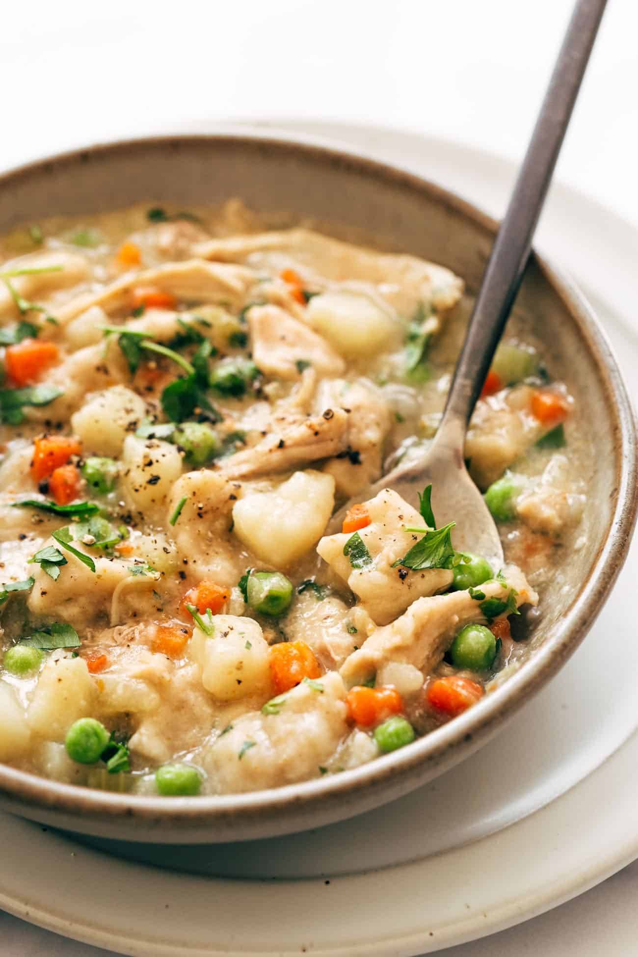 Instant Pot Chicken and Dumplings in a bowl with a spoon