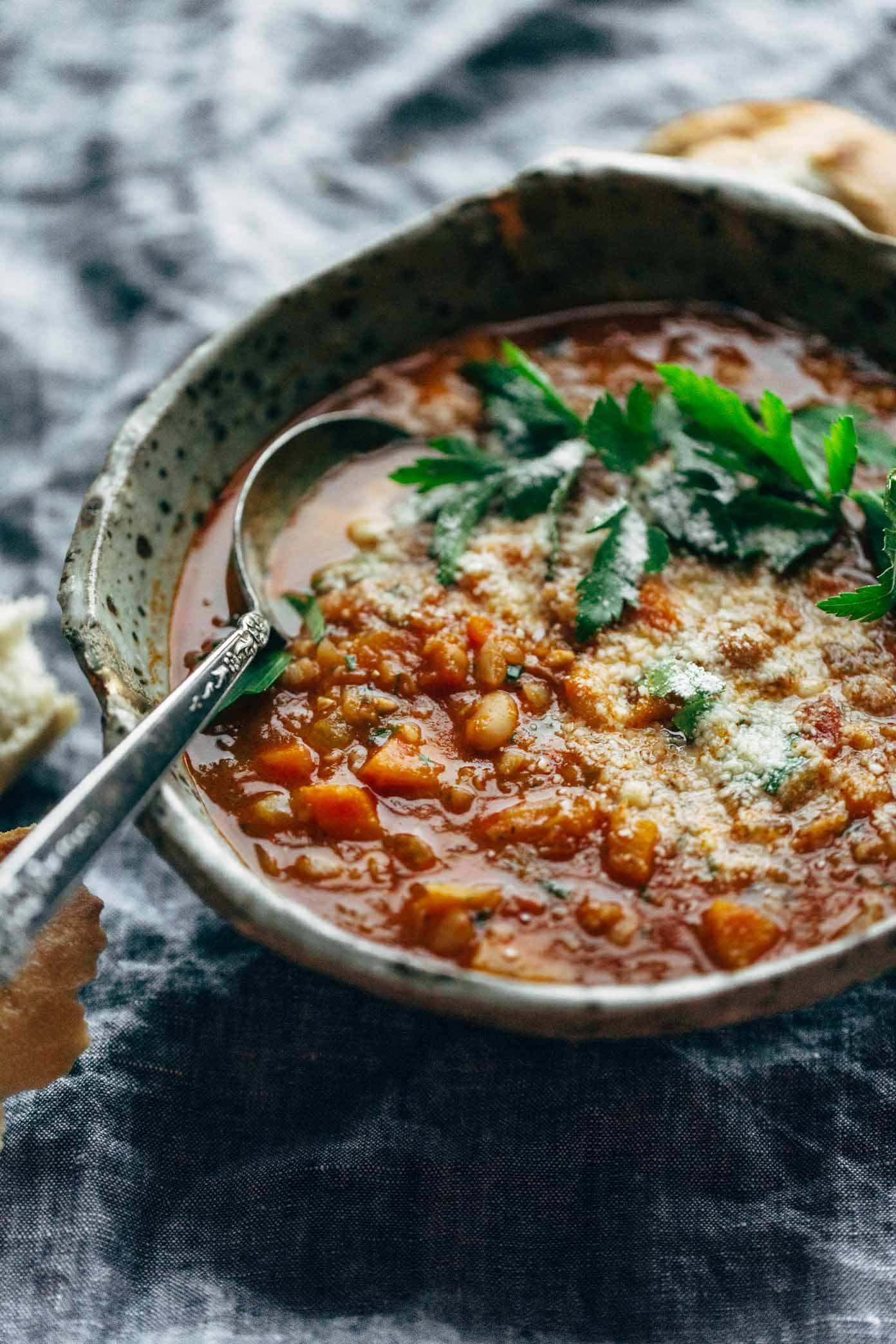 instant pot minestrone soup in a bowl with a spoon