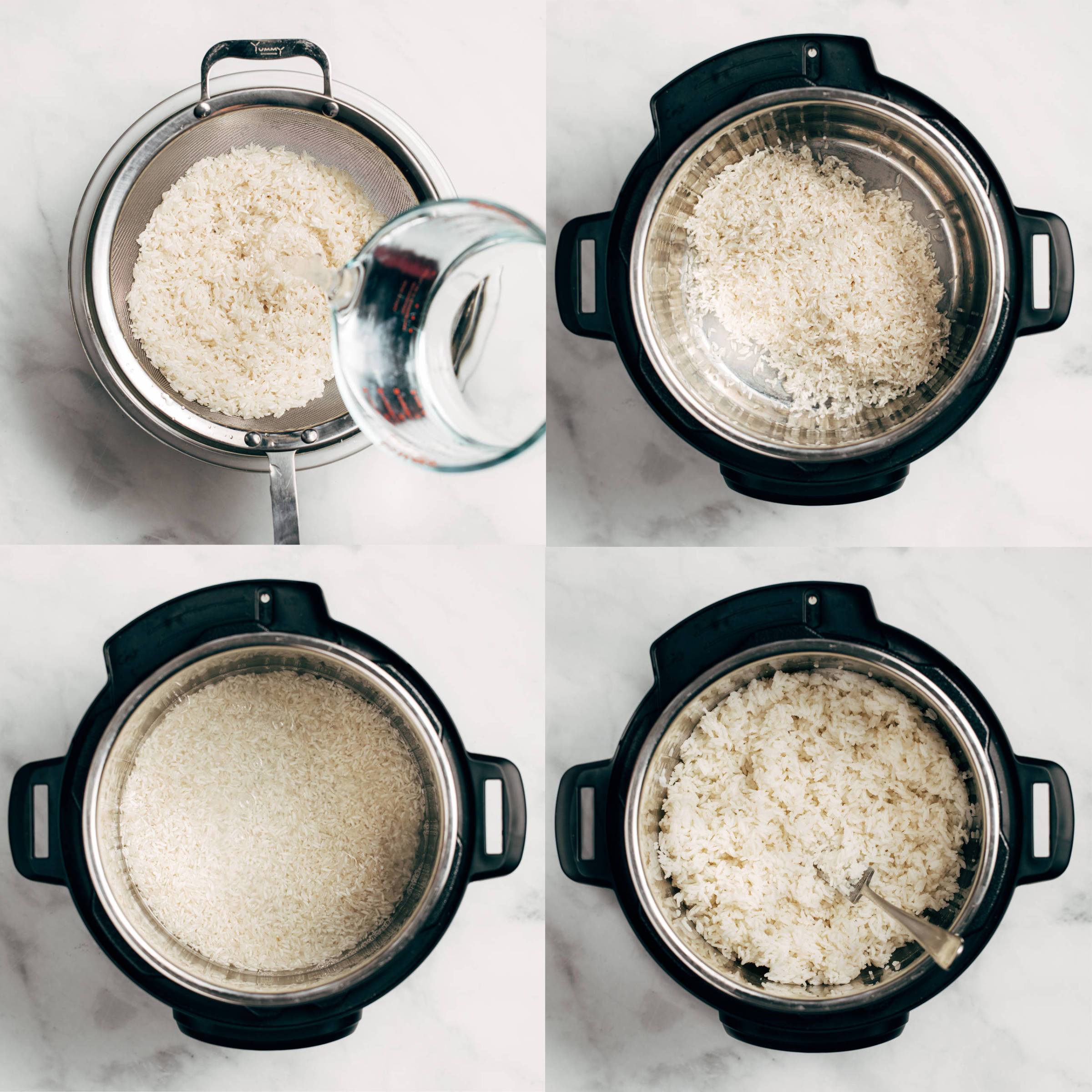 Grid of four photos showing how to cook white rice in the Instant Pot. 