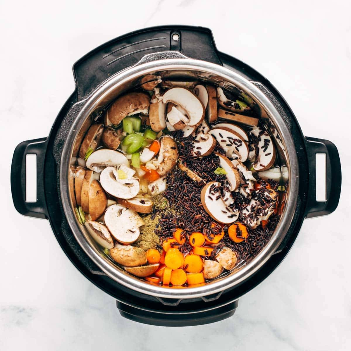 Ingredients for wild rice soup in the Instant Pot.