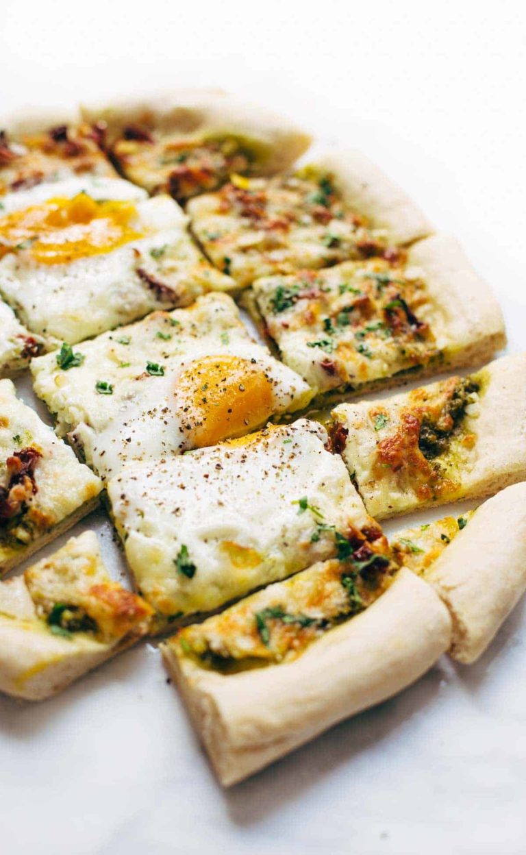 Breakfast Pizza with Kale Pesto and Sun Dried Tomatoes Recipe Pinch