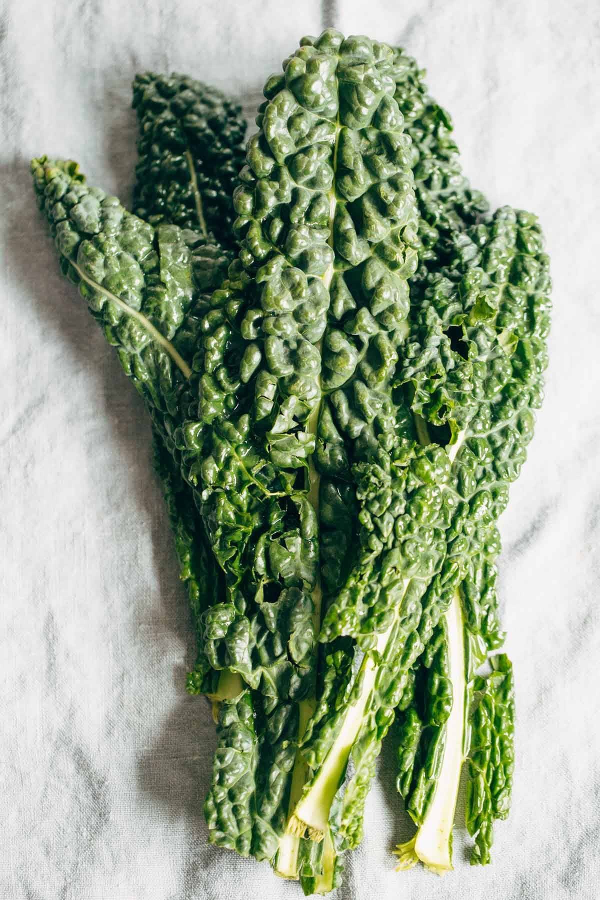 5 Minute Vegan Kale Pesto - made with almonds, olive oil, kale, garlic, salt, and lemon juice. Less than 150 calories per serving! | pinchofyum.com