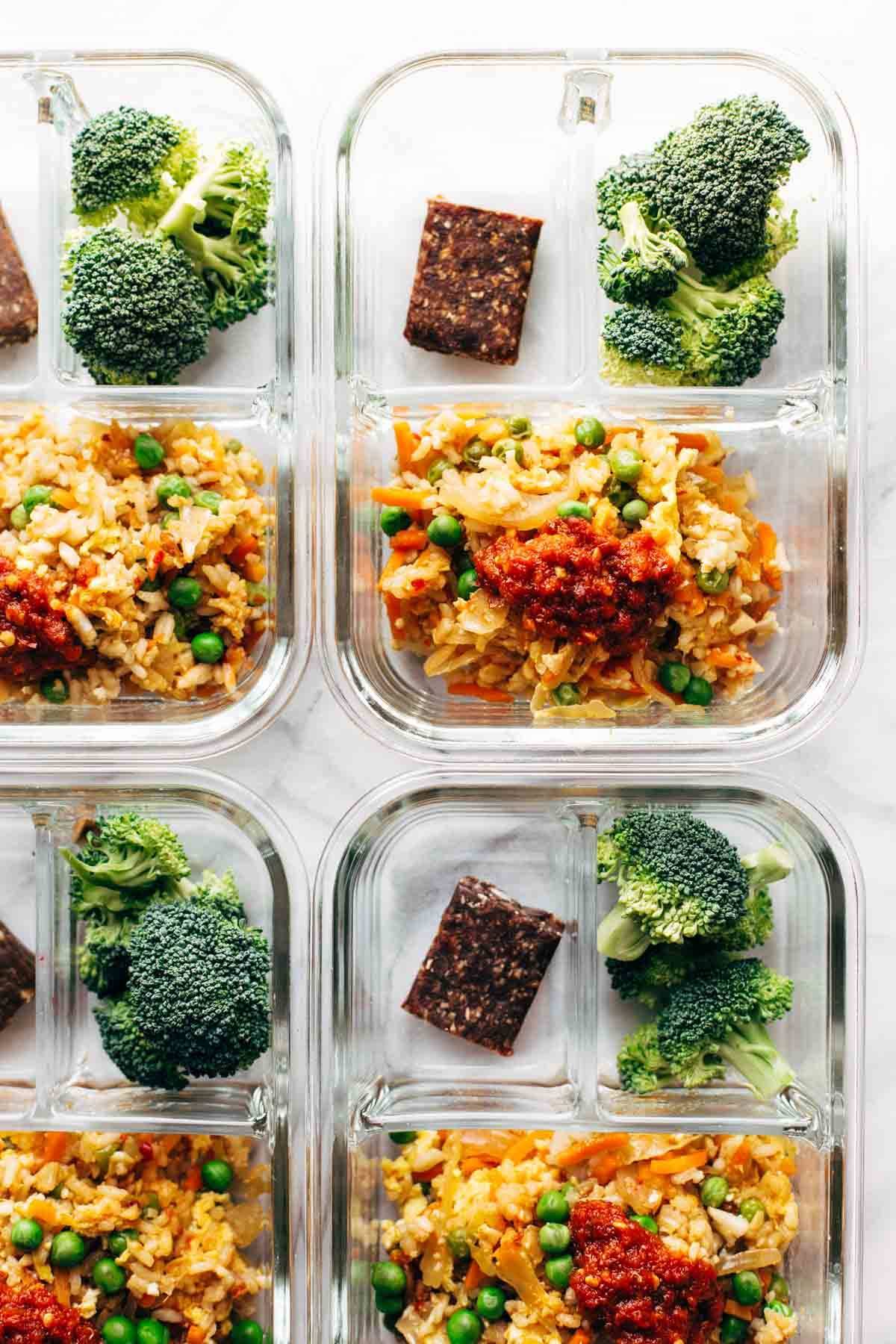 Kimchi fried rice in meal prep containers.