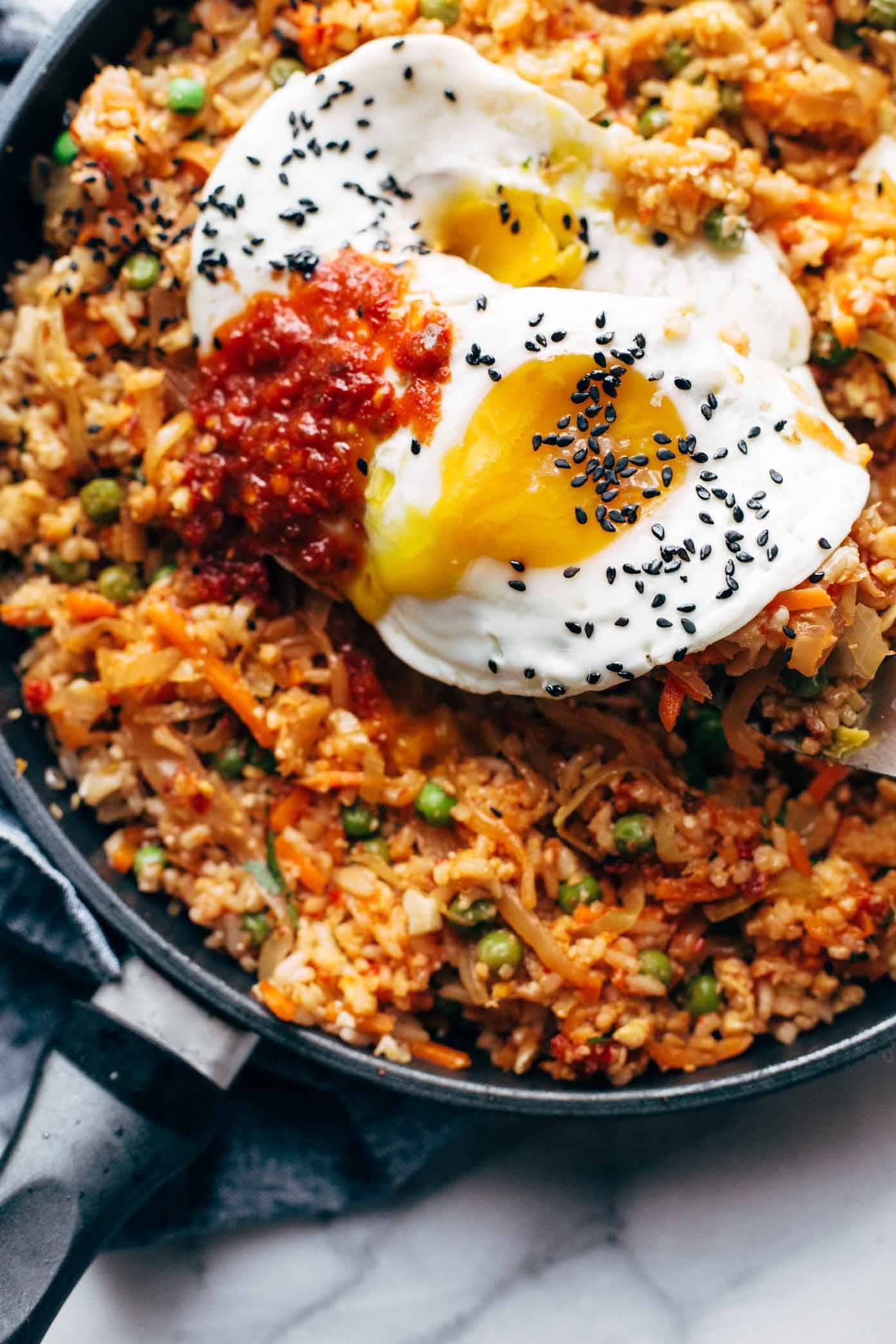 Kimchi fried rice in pan with egg.