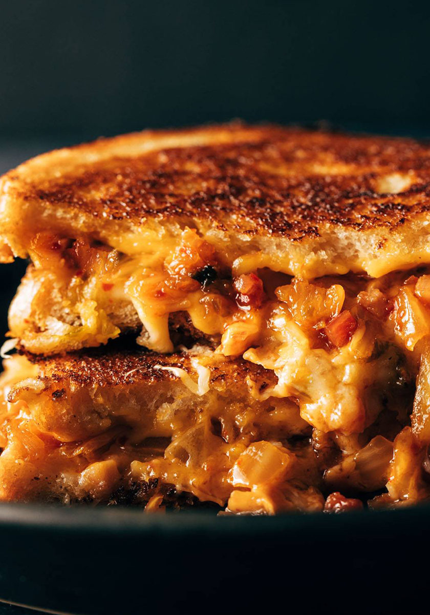 Kimchi grilled cheese on a plate