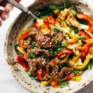Korean BBQ Steak with peppers in a bowl.