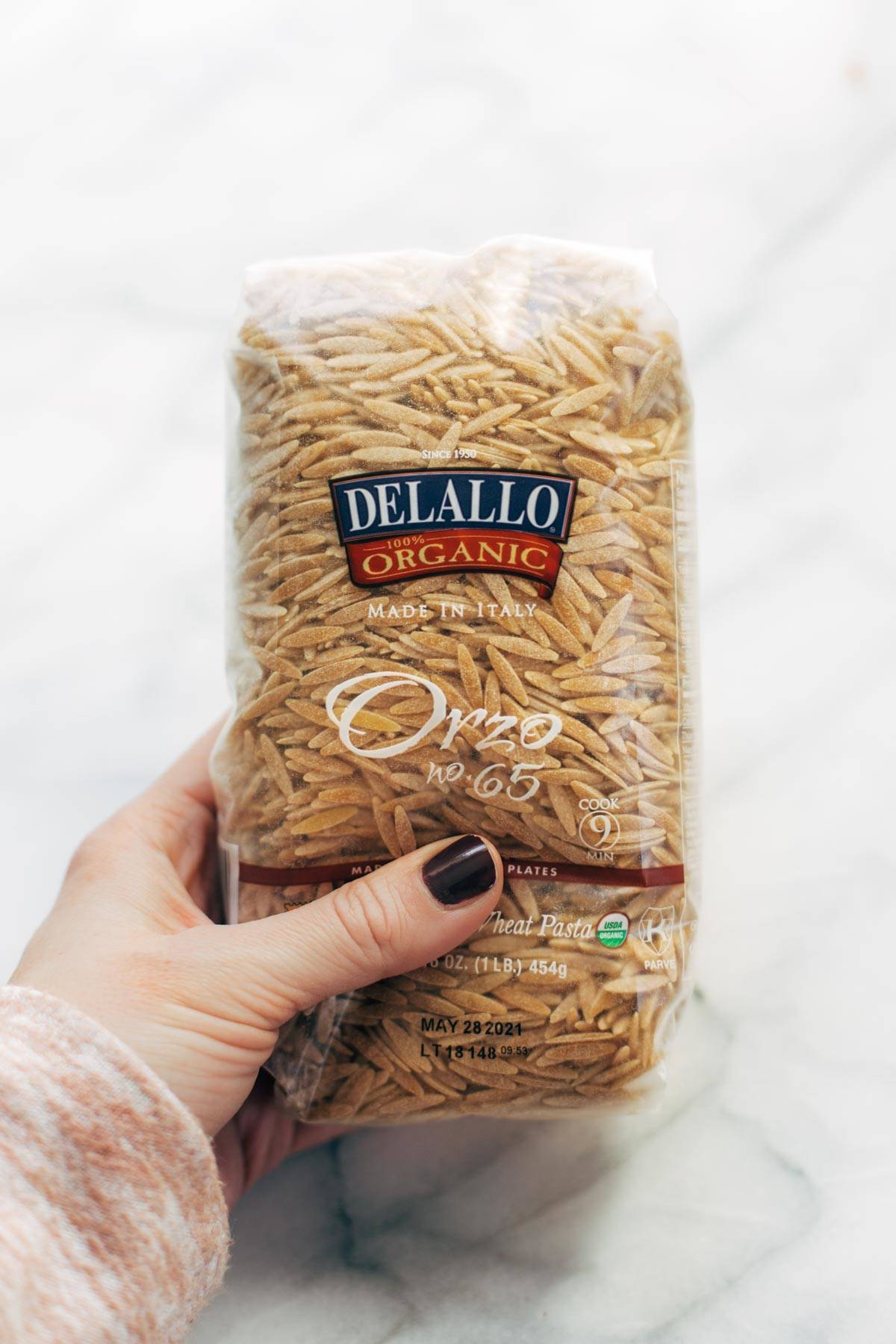 DeLallo whole wheat orzo in a bag.