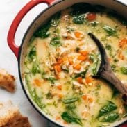 Lemon Chicken Soup with Orzo in a pot with a large spoon in it.