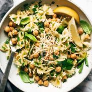 Bow tie pasta with greens, chickpeas and lemon.