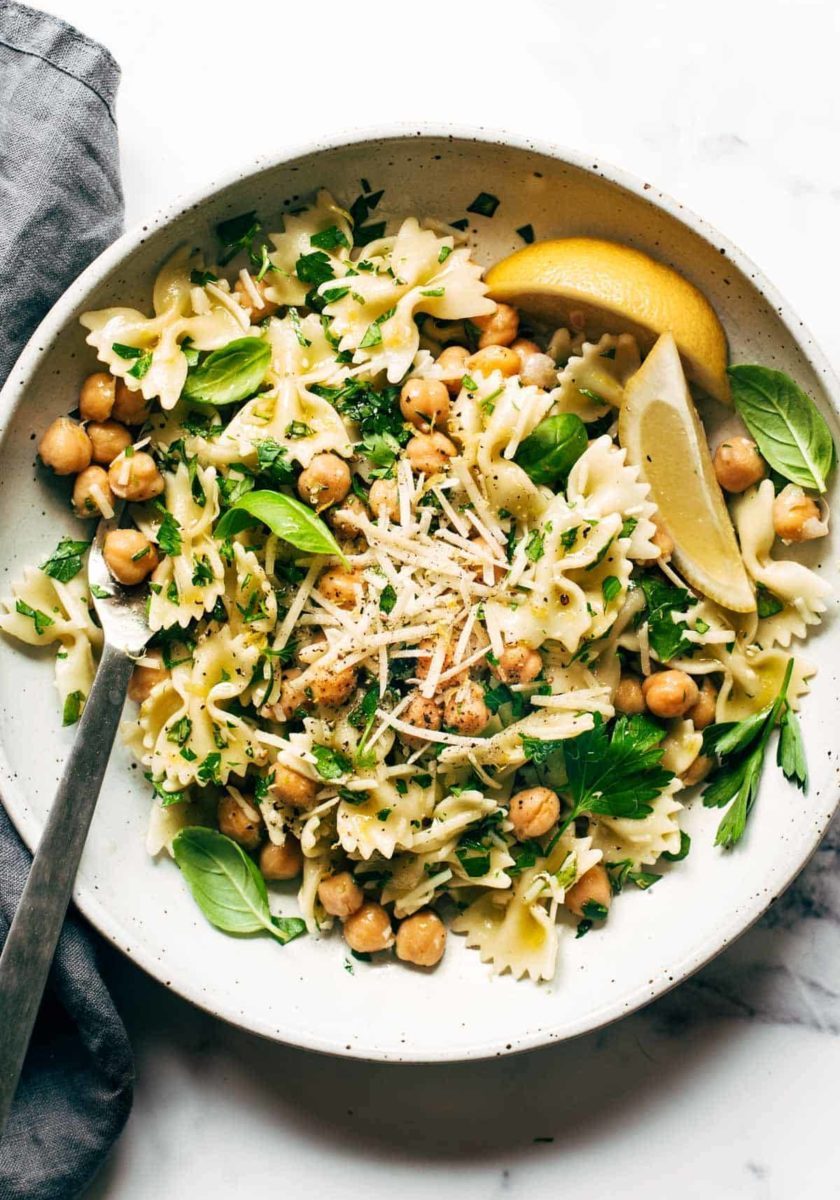 Bow tie pasta with greens, chickpeas and lemon.