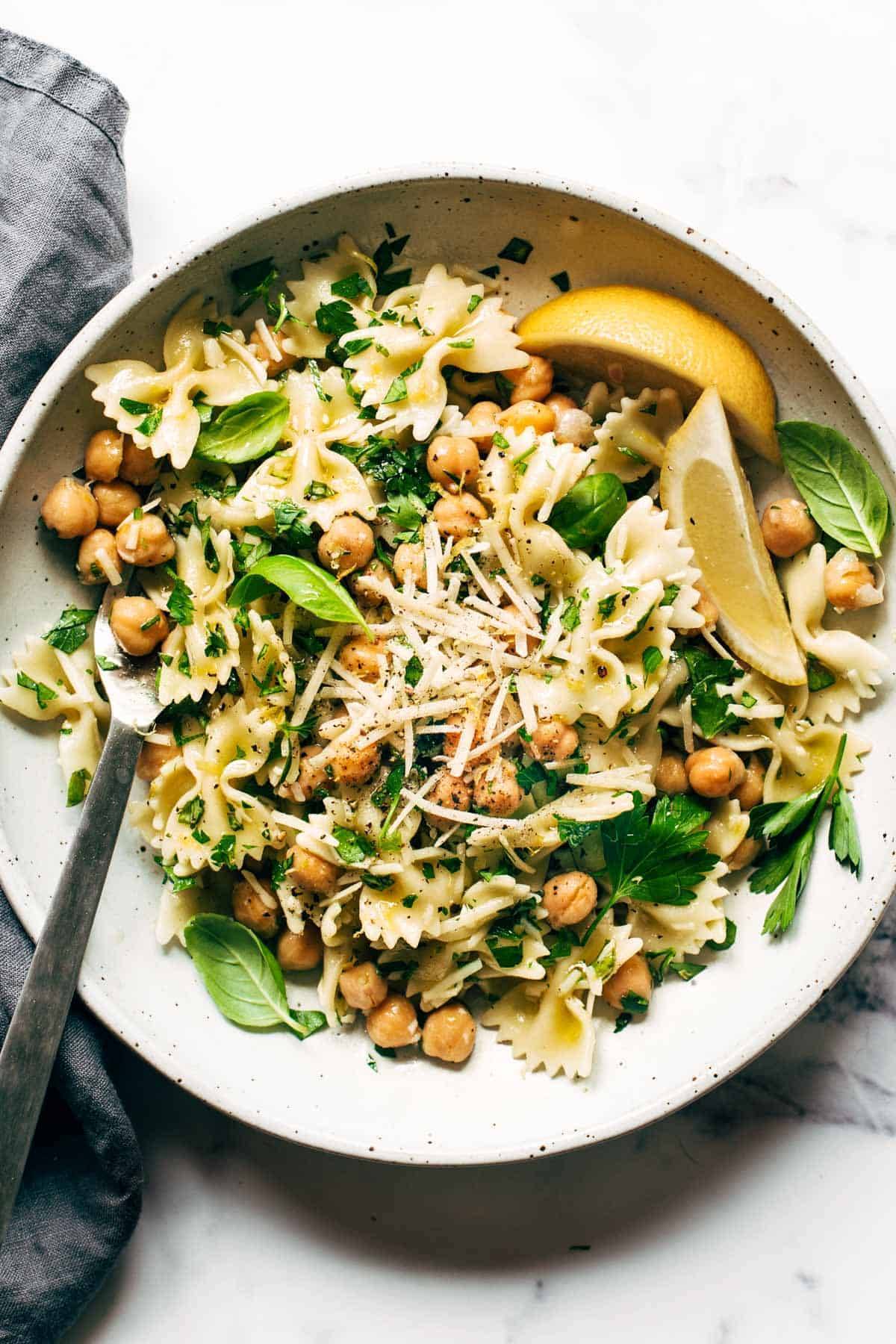 Bow tie pasta with greens, chickpeas and lemon.