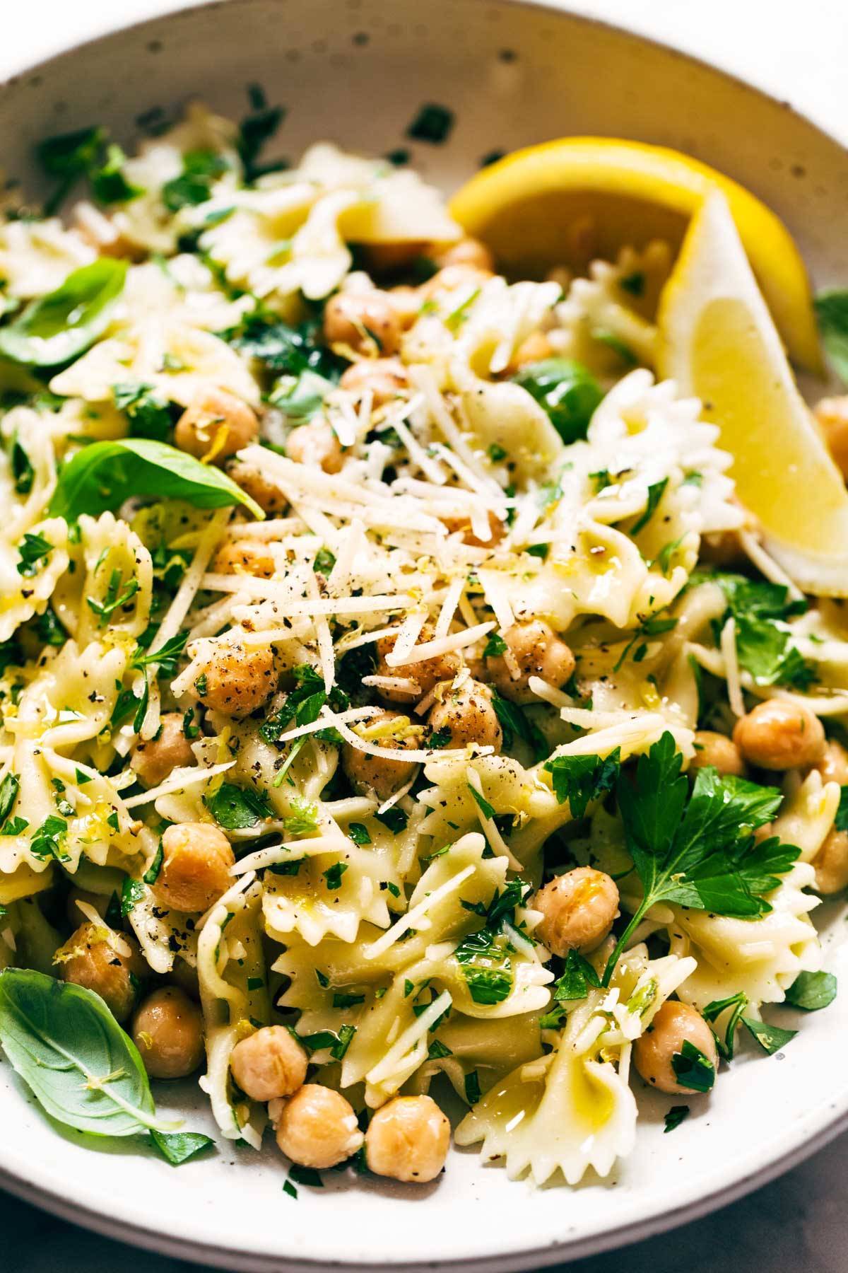 Lemon Herb Pasta Salad with Marinated Chickpeas in a bowl.