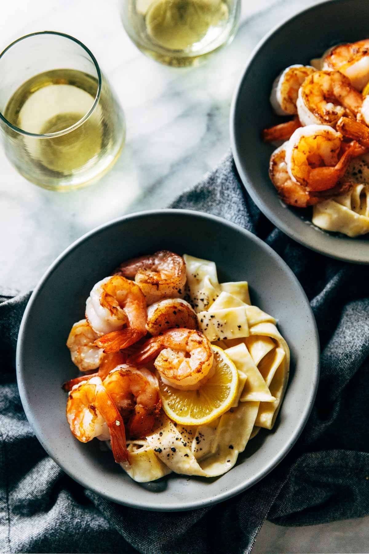 Date Night Lemon Pappardelle in a bowl with shrimp.