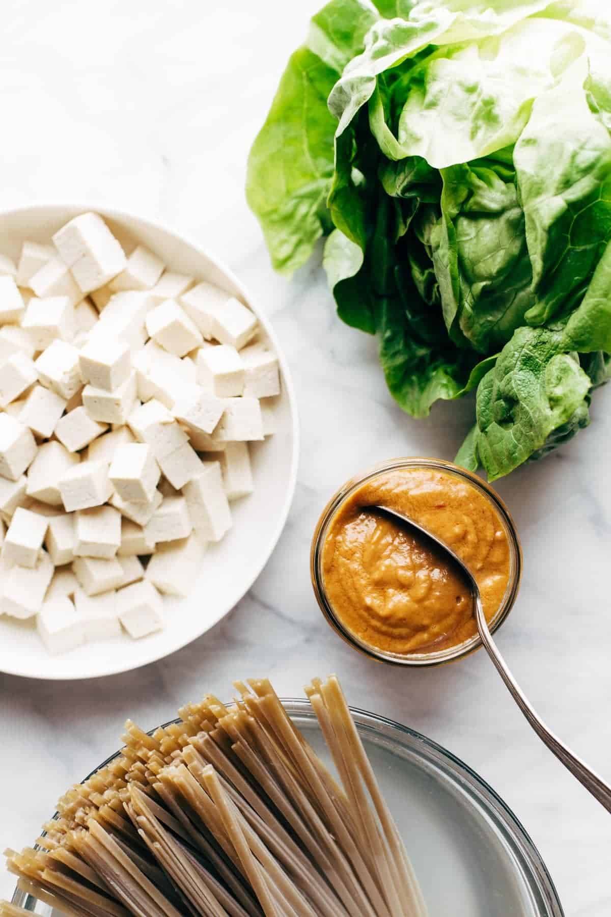 Individual ingredients for Vegan Lettuce Wraps.