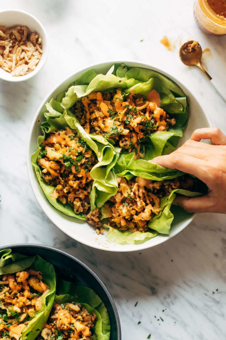 Tofu and Brown Rice Lettuce Wraps with Peanut Sauce Recipe Pinch of Yum