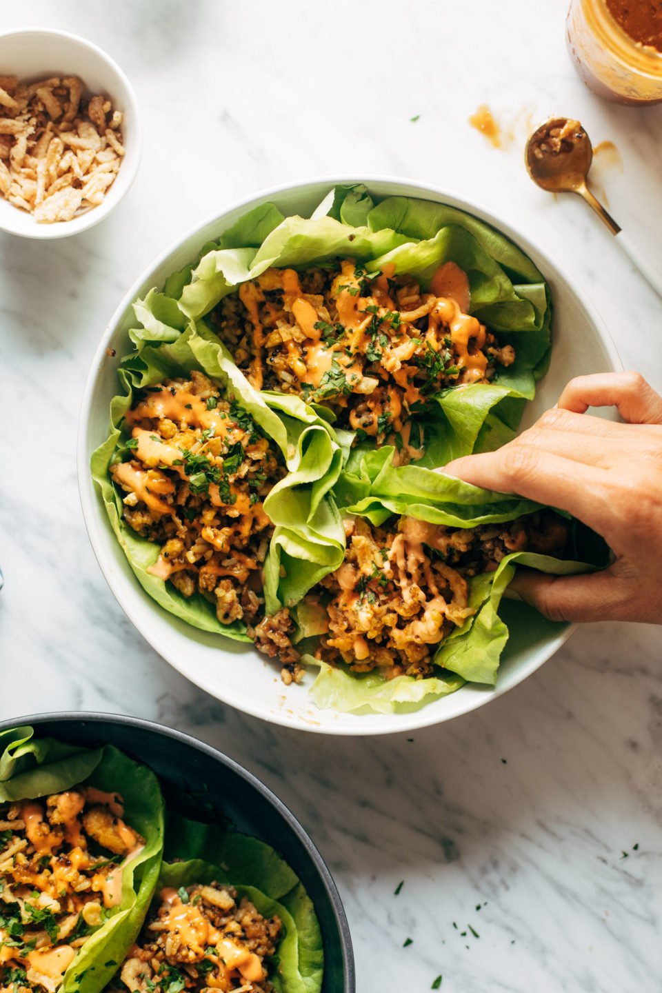 Tofu and Brown Rice Lettuce Wraps with Peanut Sauce Recipe - Pinch of Yum