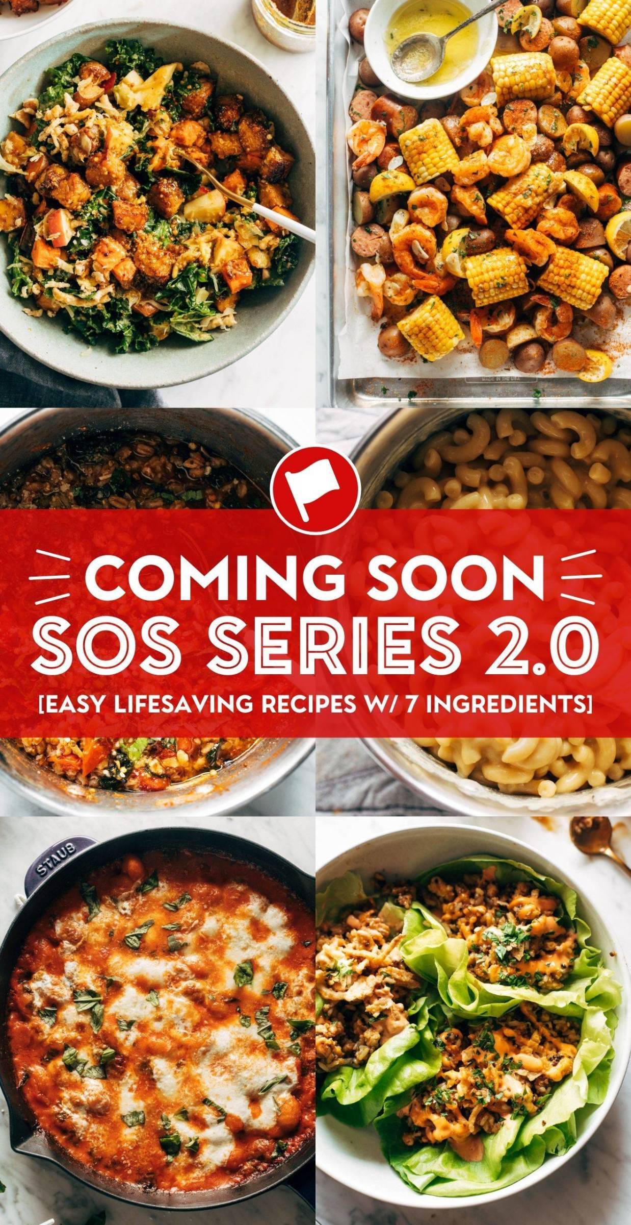 Glamour shots of 6 SOS series 2.0 recipes with banner that says, "Coming soon".