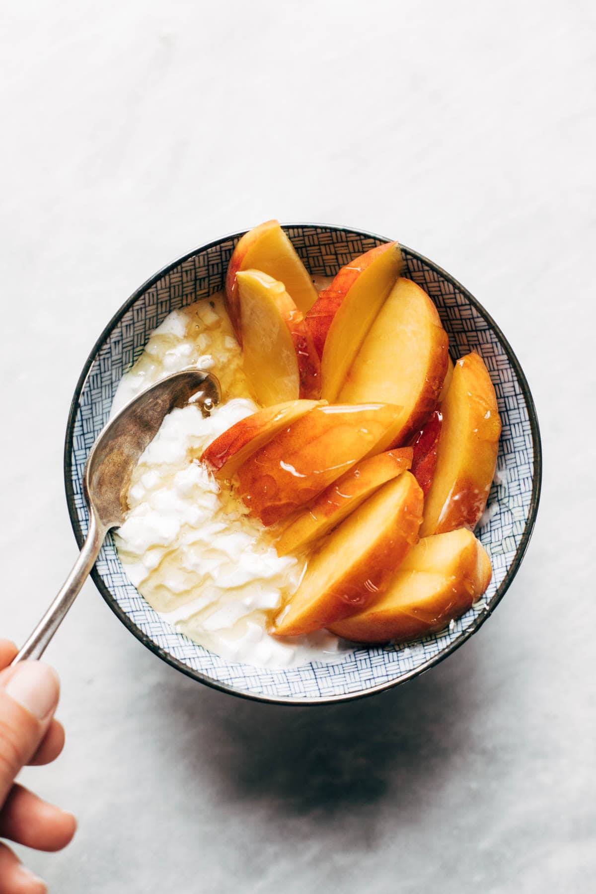 Peaches with cottage cheese.