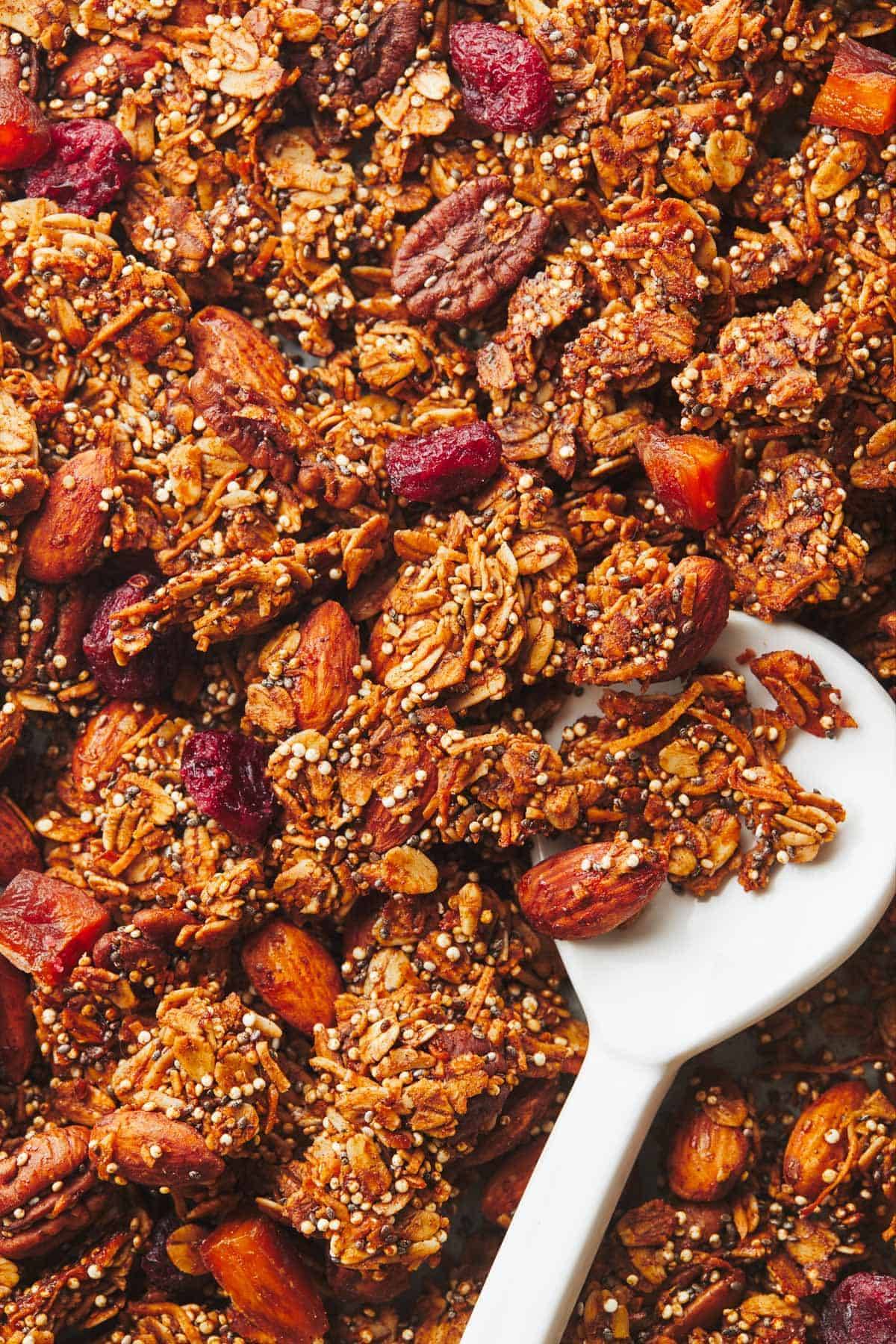 A spoon in a pile of granola full of nuts, oats, quinoa, and cranberries.